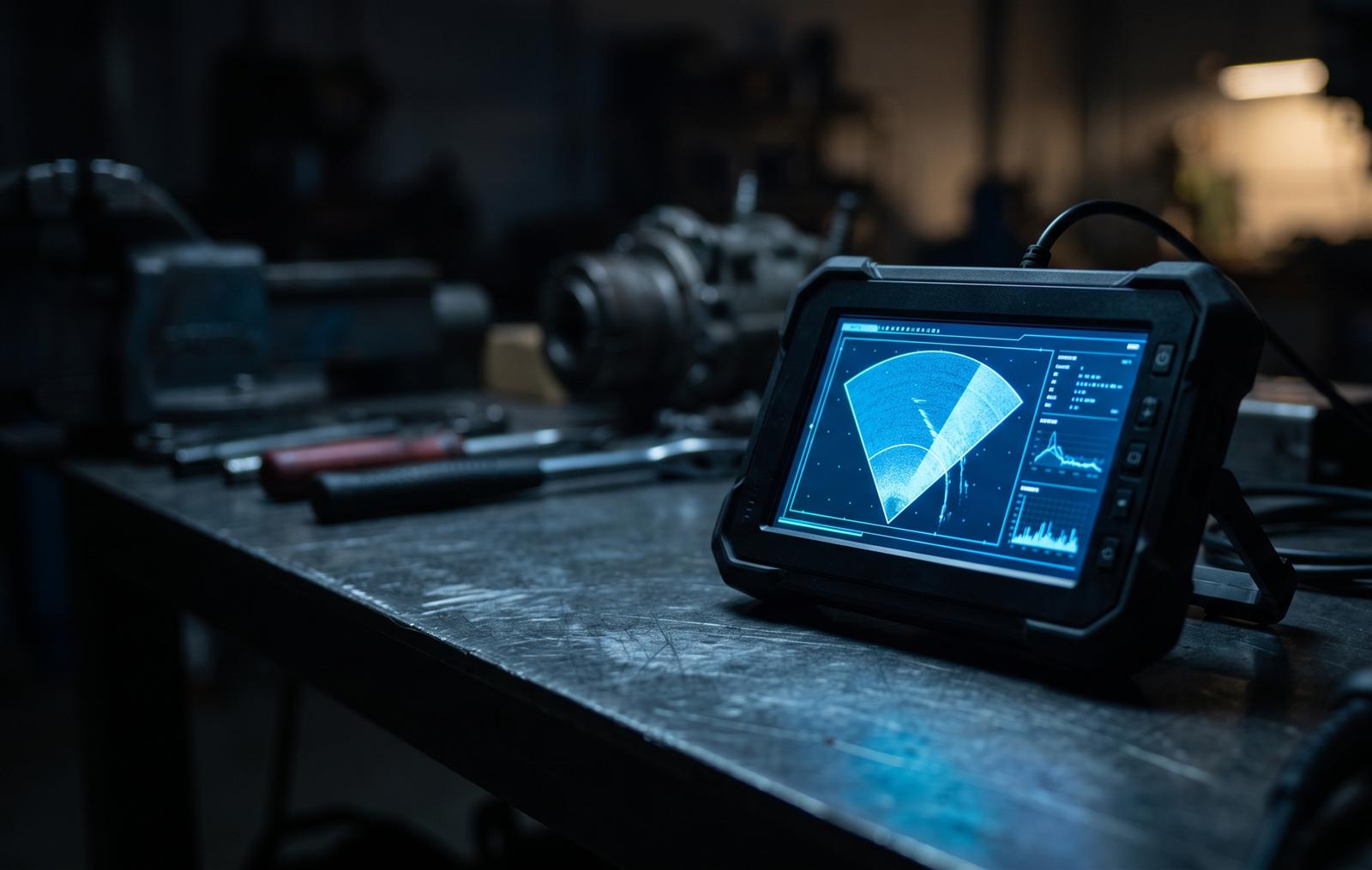 Ultrasonic flaw detector showing a sector scan on a workbench